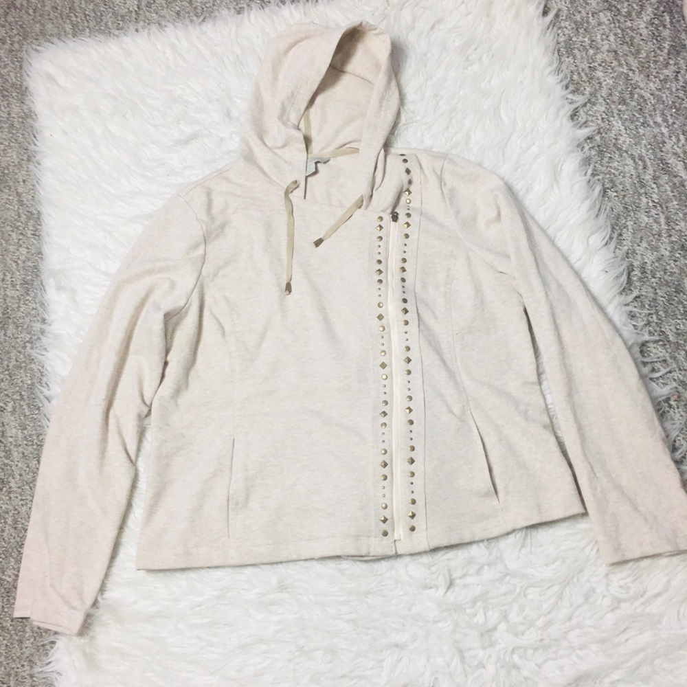 Laura Ashley Jacket Asymetrical Zipper Cream Studded Size XL